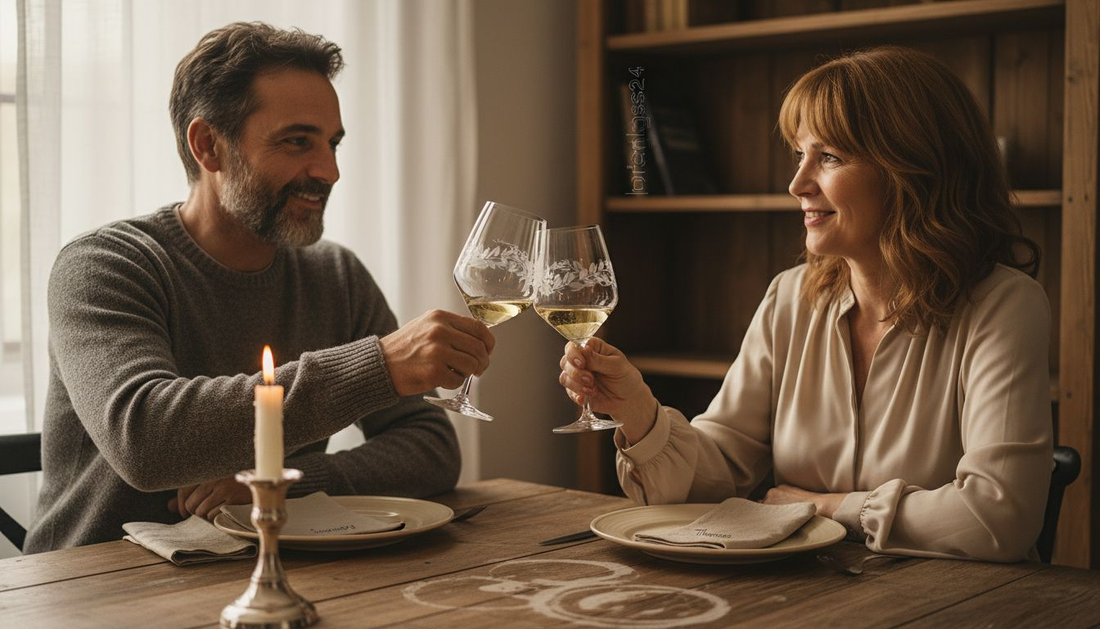 Ein Paar stößt mit gravierten Weingläsern an und genießt gemeinsam den Moment.