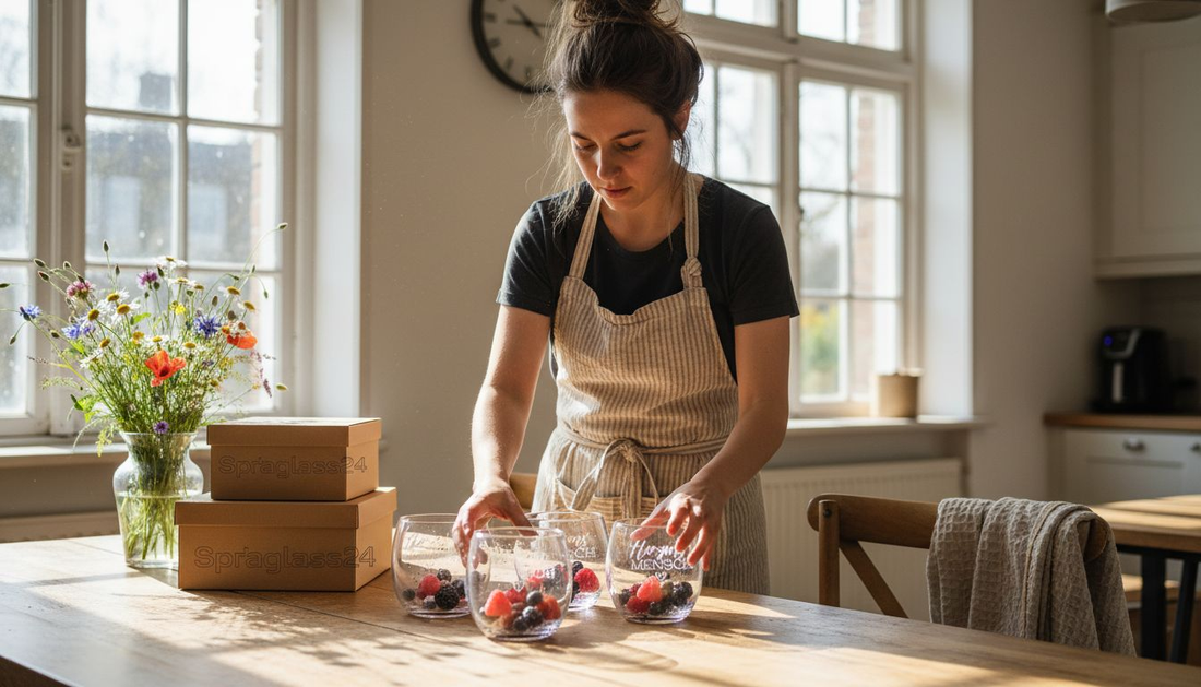 Eine Frau stellt liebevoll nachhaltige Geschenkideen aus Glas zusammen.