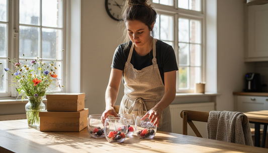 Eine Frau stellt liebevoll nachhaltige Geschenkideen aus Glas zusammen.