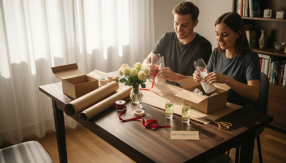 Ein Paar sitzt gemeinsam am Küchentisch und packt liebevoll die Geschenke für ihre Hochzeitsgäste.