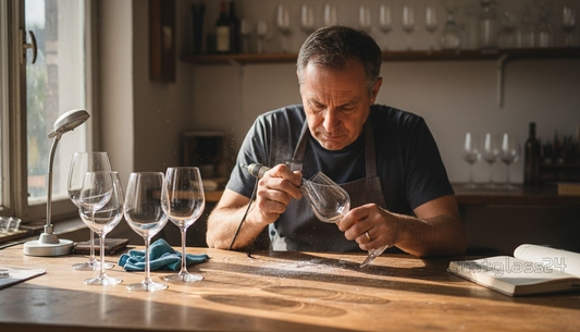 In einer lichtdurchfluteten Werkstatt veredelt ein Kunsthandwerker mit viel Fingerspitzengefühl ein Glas durch kunstvolles Gravieren.