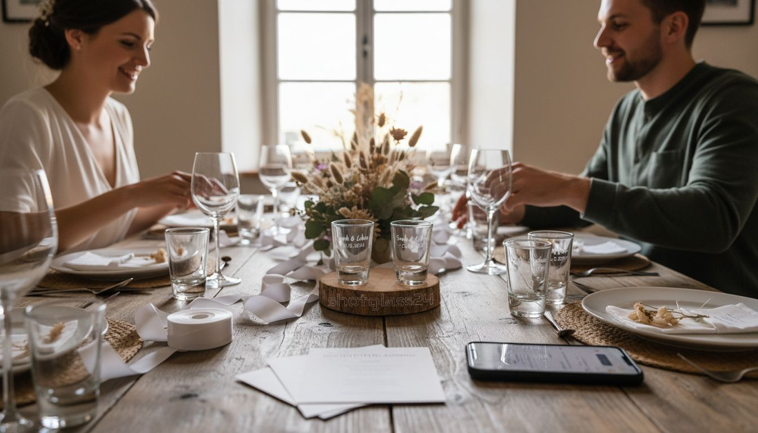 Das Brautpaar stellt individuelle Gastgeschenke für die Hochzeit zusammen.