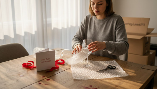 Eine Frau verpackt liebevoll gravierte Gläser als Geschenk.