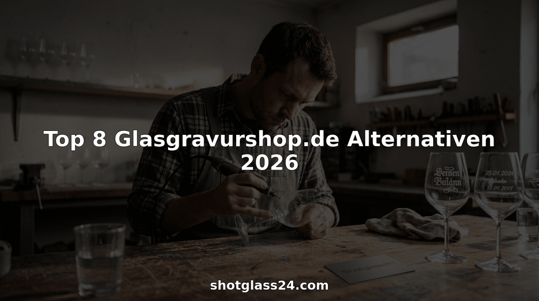 Ein Kunsthandwerker verziert in seiner Werkstatt ein Weinglas mit filigraven Gravuren.