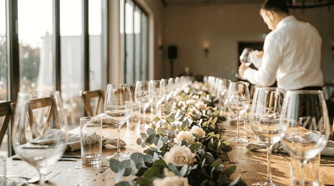 Festlich gedeckter Hochzeitstisch mit individuell gravierten Weingläsern für die Gäste