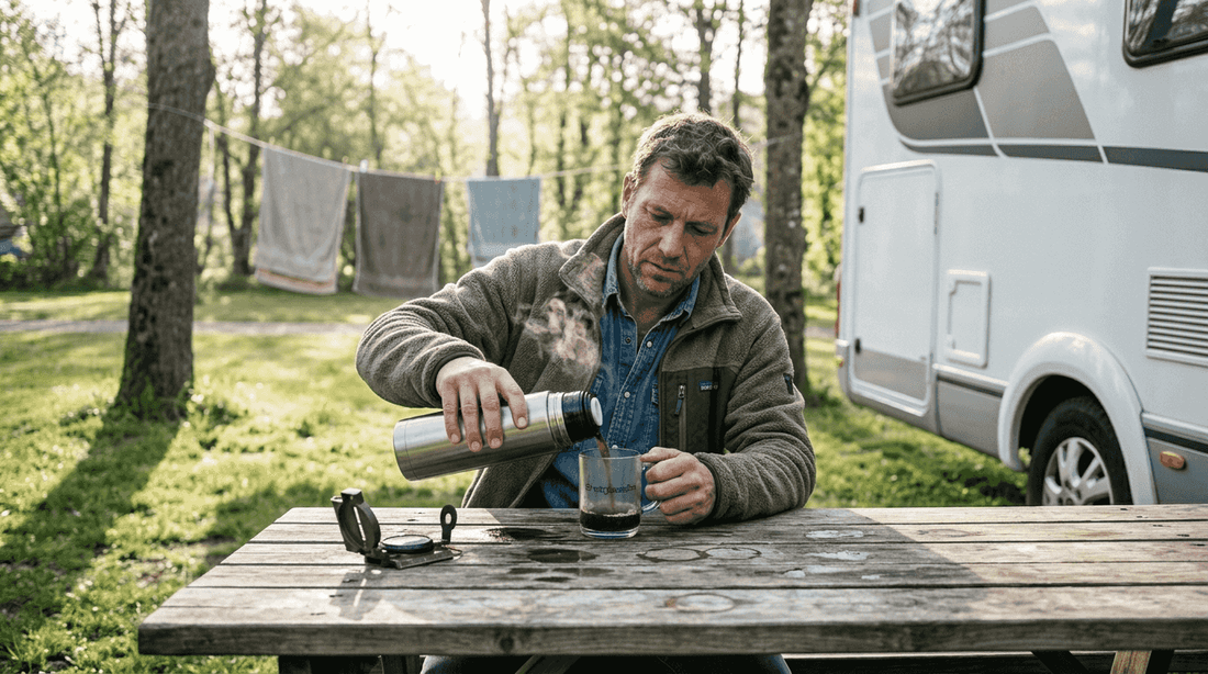 Ein Camper schenkt sich Kaffee in sein individuell gestaltetes Glas ein.