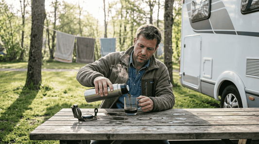 Ein Camper schenkt sich Kaffee in sein individuell gestaltetes Glas ein.
