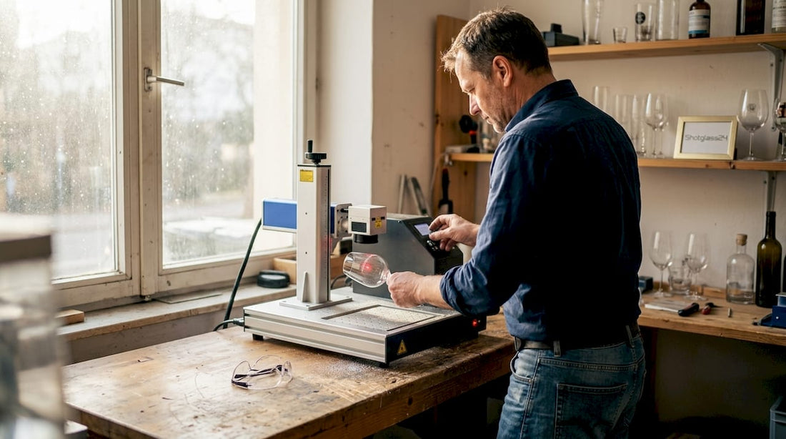 In einer lichtdurchfluteten Werkstatt bringt ein Handwerker filigrane Gravuren auf Glas an.