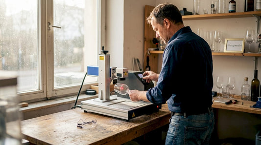 In einer lichtdurchfluteten Werkstatt bringt ein Handwerker filigrane Gravuren auf Glas an.