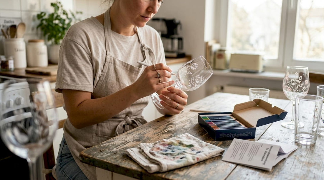 Eine Frau entwirft mit sicherer Hand filigrane Muster auf einem Hochzeitsglas.