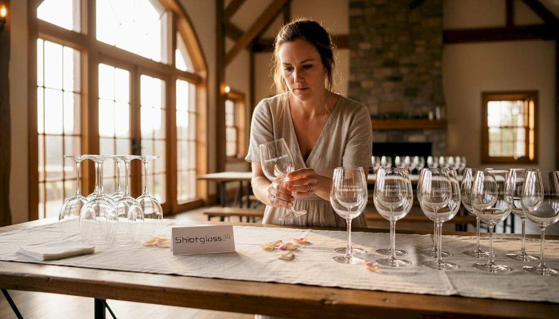 Individuell gravierte Gläser als besonderes Highlight auf der Hochzeitstafel arrangiert