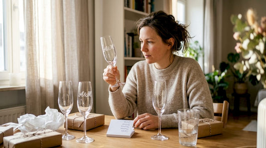 Eine Frau betrachtet gravierte Gläser, die auf dem Tisch stehen.
