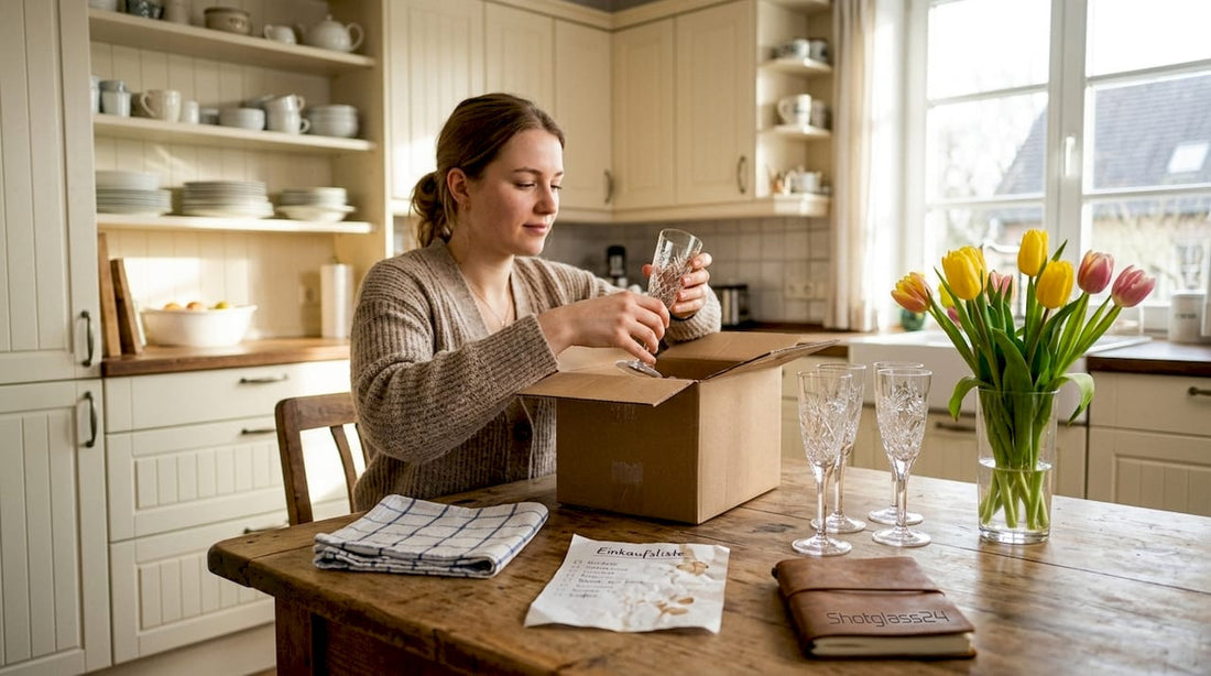 Eine Frau öffnet ein Geschenk und entdeckt darin ein Glas mit Gravur.