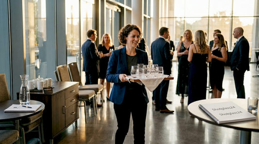 Der Eventmanager geht zwischen den Gästen umher und verteilt individuell gravierte Gläser.