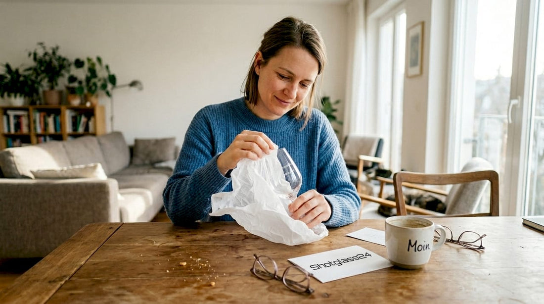 Zu Hause packt eine Frau voller Vorfreude ihr personalisiertes Weinglas aus.