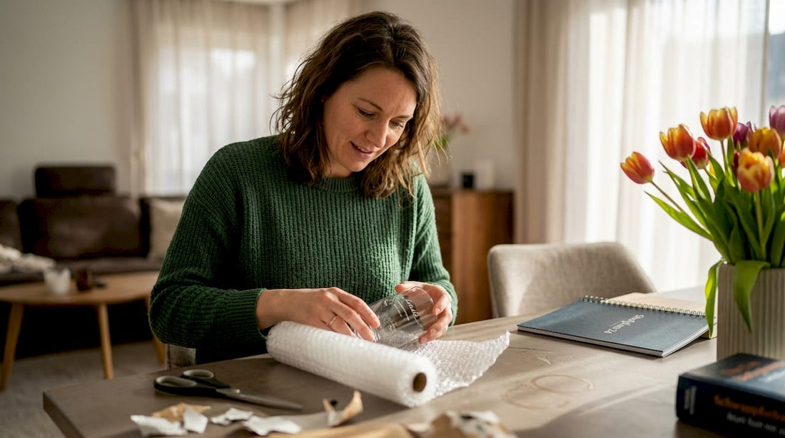 Eine Frau verpackt ein individuell graviertes Glas als Geschenk.
