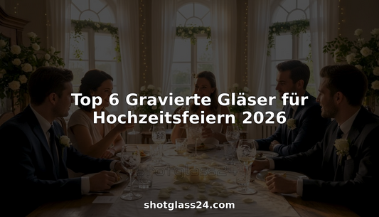 Hochzeitsgäste sitzen gemeinsam am festlich gedeckten Tisch und stoßen mit individuell gravierten Gläsern an.