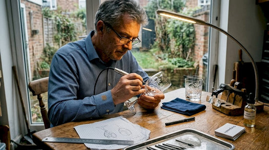 Ein Glasgraveur veredelt ein Weinglas in seiner Werkstatt.