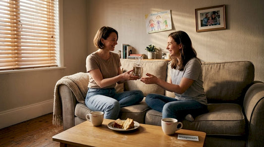 Eine Frau überreicht im Wohnzimmer ein persönliches Geschenk.
