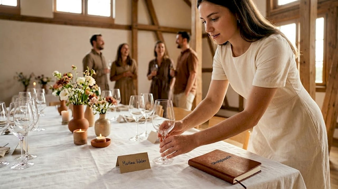 Eine Frau arrangiert stilvoll die Gläser auf einer festlich gedeckten Hochzeitstafel.