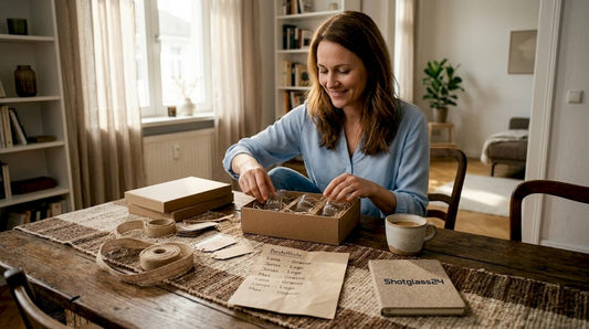Eine Frau stellt individuelle Gastgeschenke liebevoll auf dem Tisch bereit.
