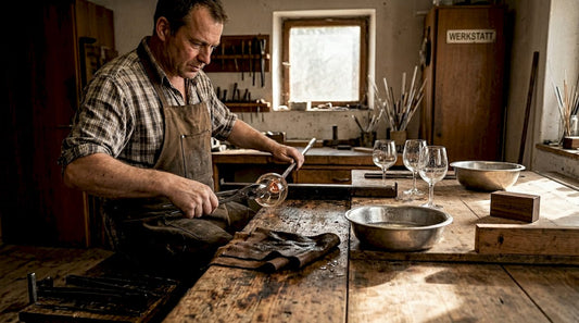 Ein Glasbläser formt kunstvoll ein handgefertigtes Unikat aus glühendem Glas.