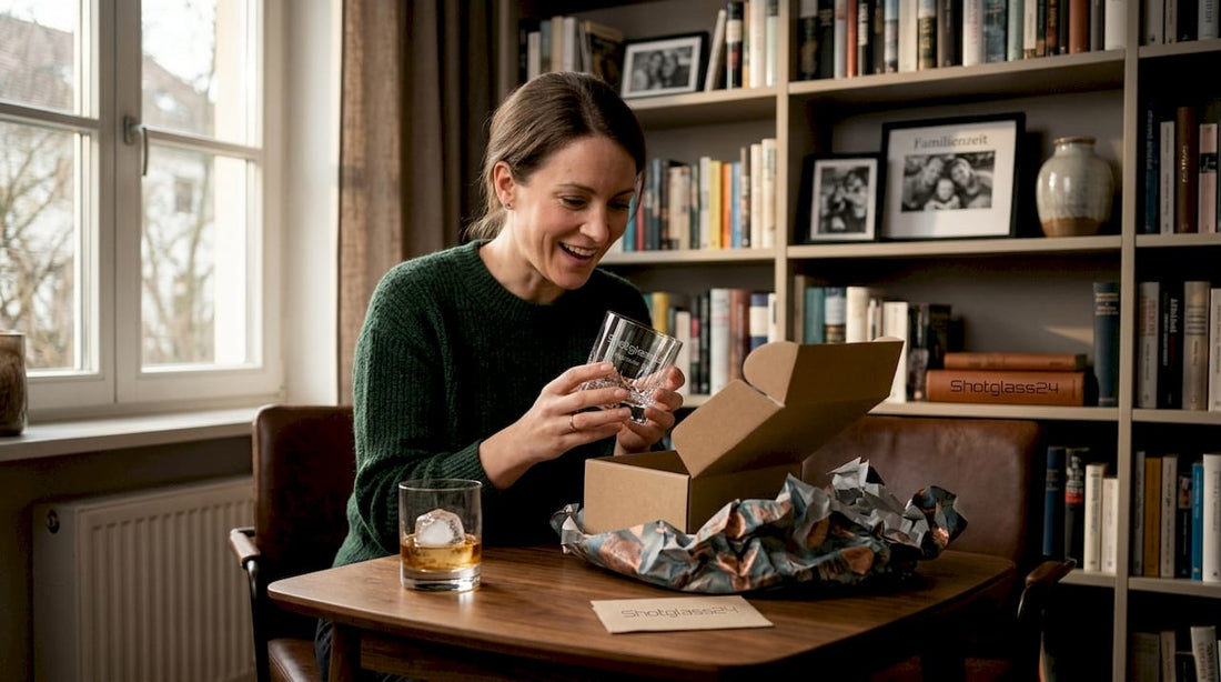 Im Wohnzimmer packt eine Frau ein Geschenk aus, das mit einer persönlichen Gravur versehen ist.