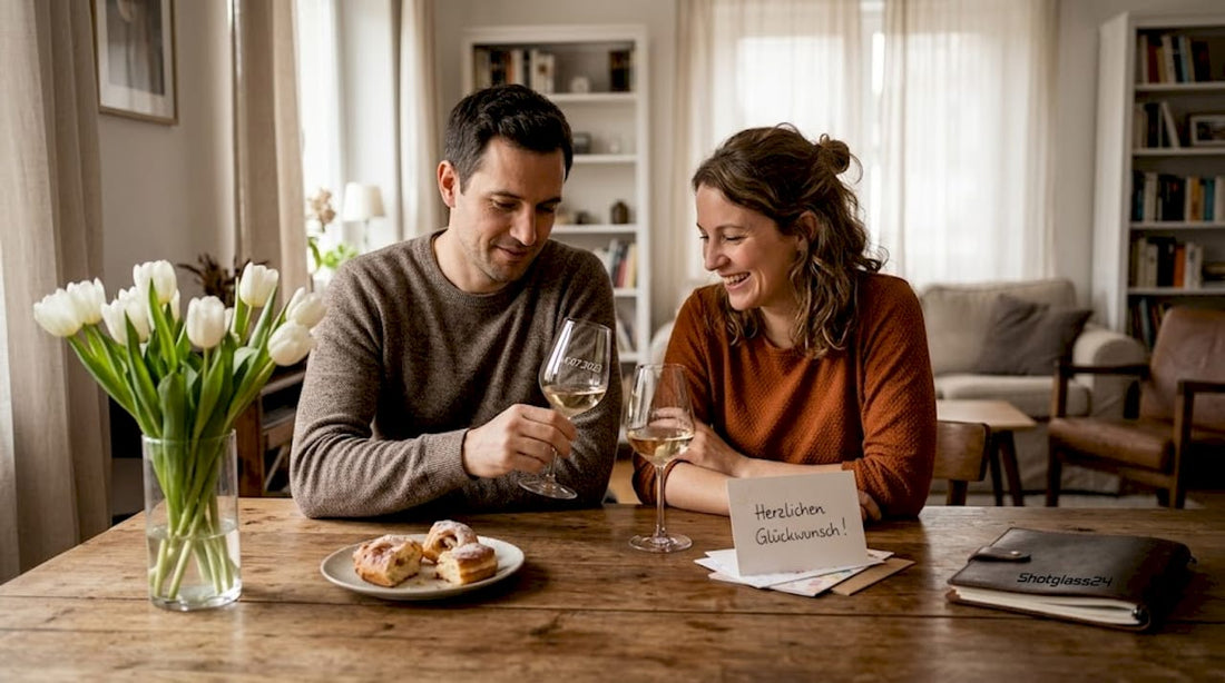 Couple with personalized glasses at dining table