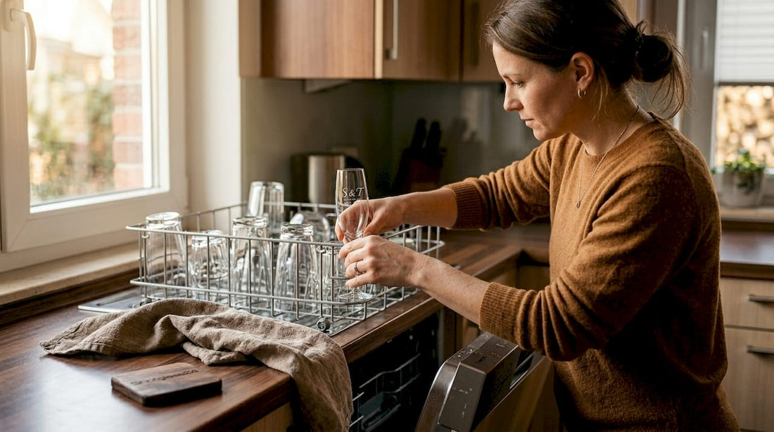 Eine Frau stellt ein graviertes Glas in die Spülmaschine.