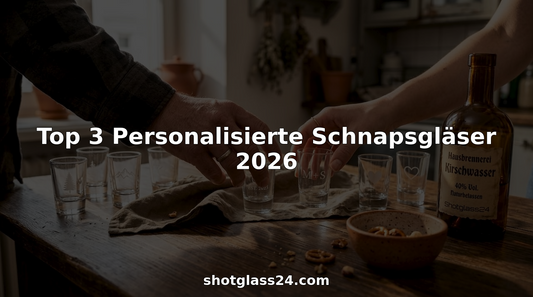 Hände stellen individuell gravierte Schnapsgläser auf den Tisch.