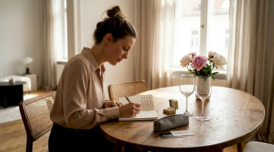 Eine Frau stellt individuelle Geschenke für die Hochzeitsgäste zusammen und sorgt dafür, dass jedes Präsent eine persönliche Note erhält.