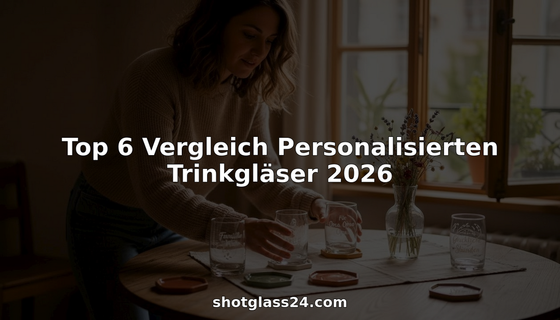 Eine Frau stellt im Küchenbereich individuell gestaltete Trinkgläser ordentlich zusammen.