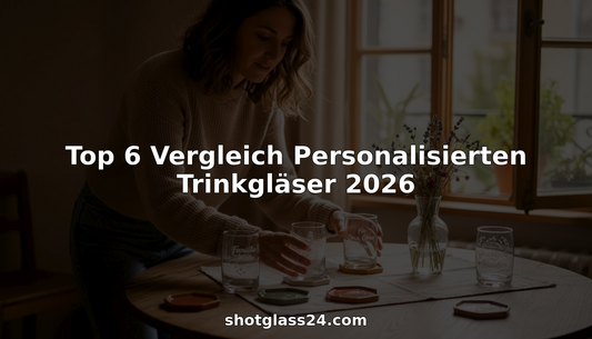 Eine Frau stellt im Küchenbereich individuell gestaltete Trinkgläser ordentlich zusammen.
