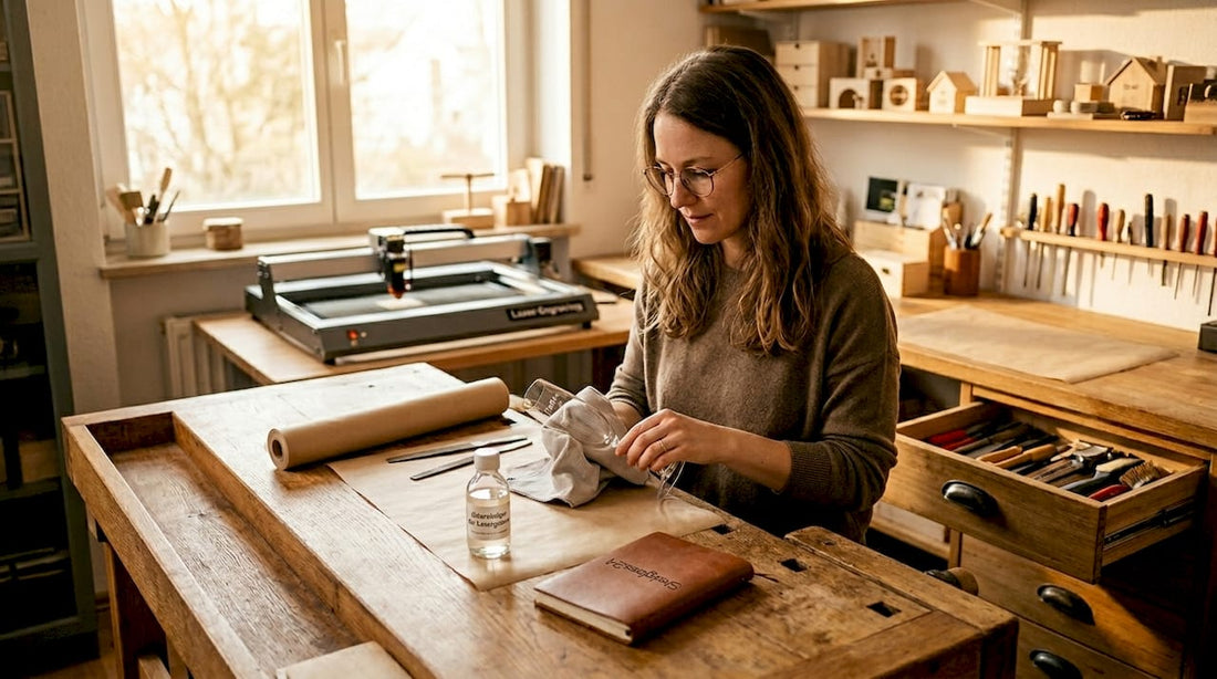 Eine Frau bereitet ein Sektglas sorgfältig für die bevorstehende Gravur vor.