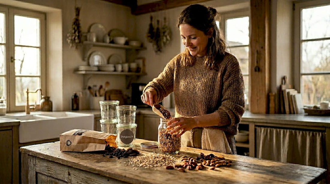 Eine Frau nutzt ein leeres Marmeladenglas, um darin ihr selbstgemachtes Müsli aufzubewahren.