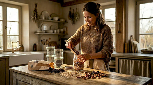 Eine Frau nutzt ein leeres Marmeladenglas, um darin ihr selbstgemachtes Müsli aufzubewahren.