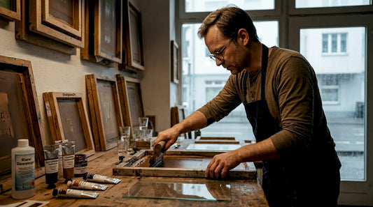 Im Arbeitsalltag der Werkstatt veredelt ein Facharbeiter Glasplatten durch individuelle Bedruckung.
