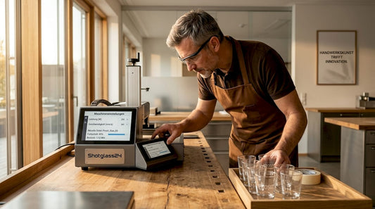 In der Werkstatt steuert ein Fachmann die Lasergravurmaschine.