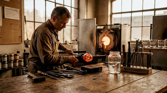 In einer alten Werkstatt geht ein Glasbläser seinem traditionellen Handwerk nach.
