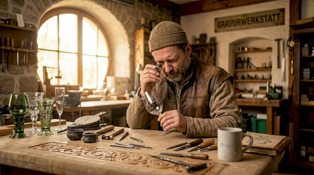 Ein Kunsthandwerker begutachtet sorgfältig ein graviertes Glas in seiner Werkstatt.
