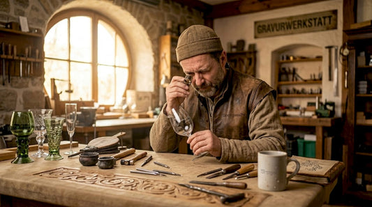 Ein Kunsthandwerker begutachtet sorgfältig ein graviertes Glas in seiner Werkstatt.