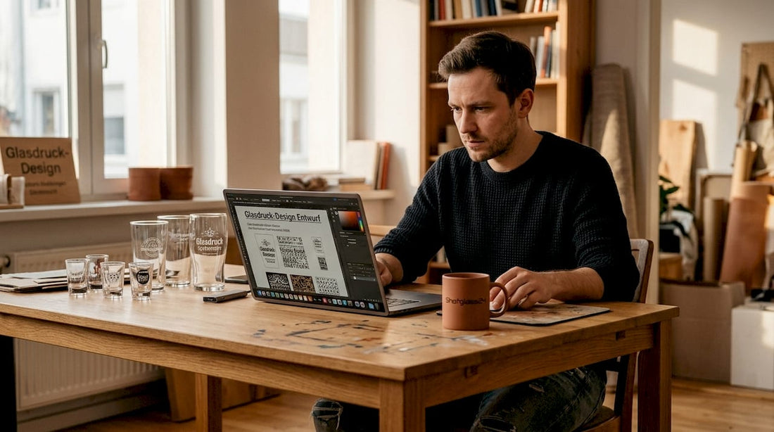Ein Designer bereitet die Grafiken für den Druck auf Glas sorgfältig vor.