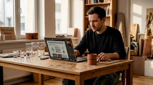 Ein Designer bereitet die Grafiken für den Druck auf Glas sorgfältig vor.