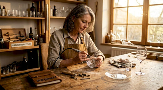 Im Atelier widmet sich eine Glasgraveurin mit großer Sorgfalt der filigranen Gestaltung ihres Werkstücks.