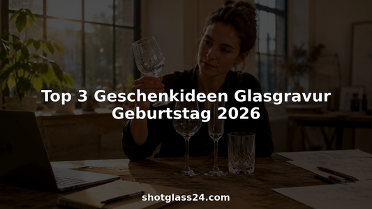 Eine Frau betrachtet individuell gravierte Gläser, die als persönliche Geburtstagsgeschenke gedacht sind.