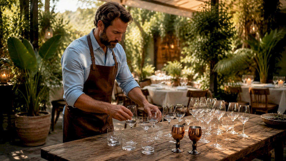 Ein Sommelier ordnet sorgfältig die Gläser auf den Tischen im Restaurant, damit für den Service am Abend alles perfekt vorbereitet ist.