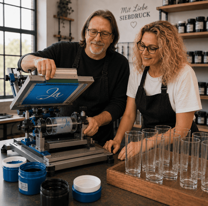 Shotglass24 beim SIebdruck auf Glas