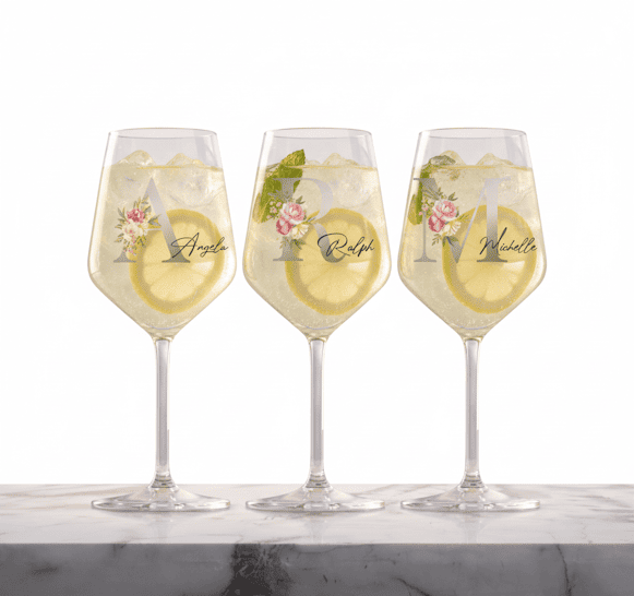3 Weingläser mit Name und Initiale